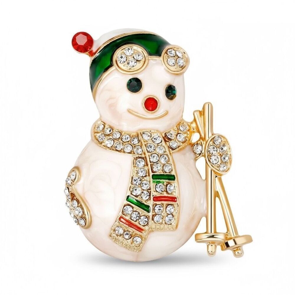 Christmas Rhinestone Snowman Brooch – Enamel Holiday Pin with Skis & Sparkle